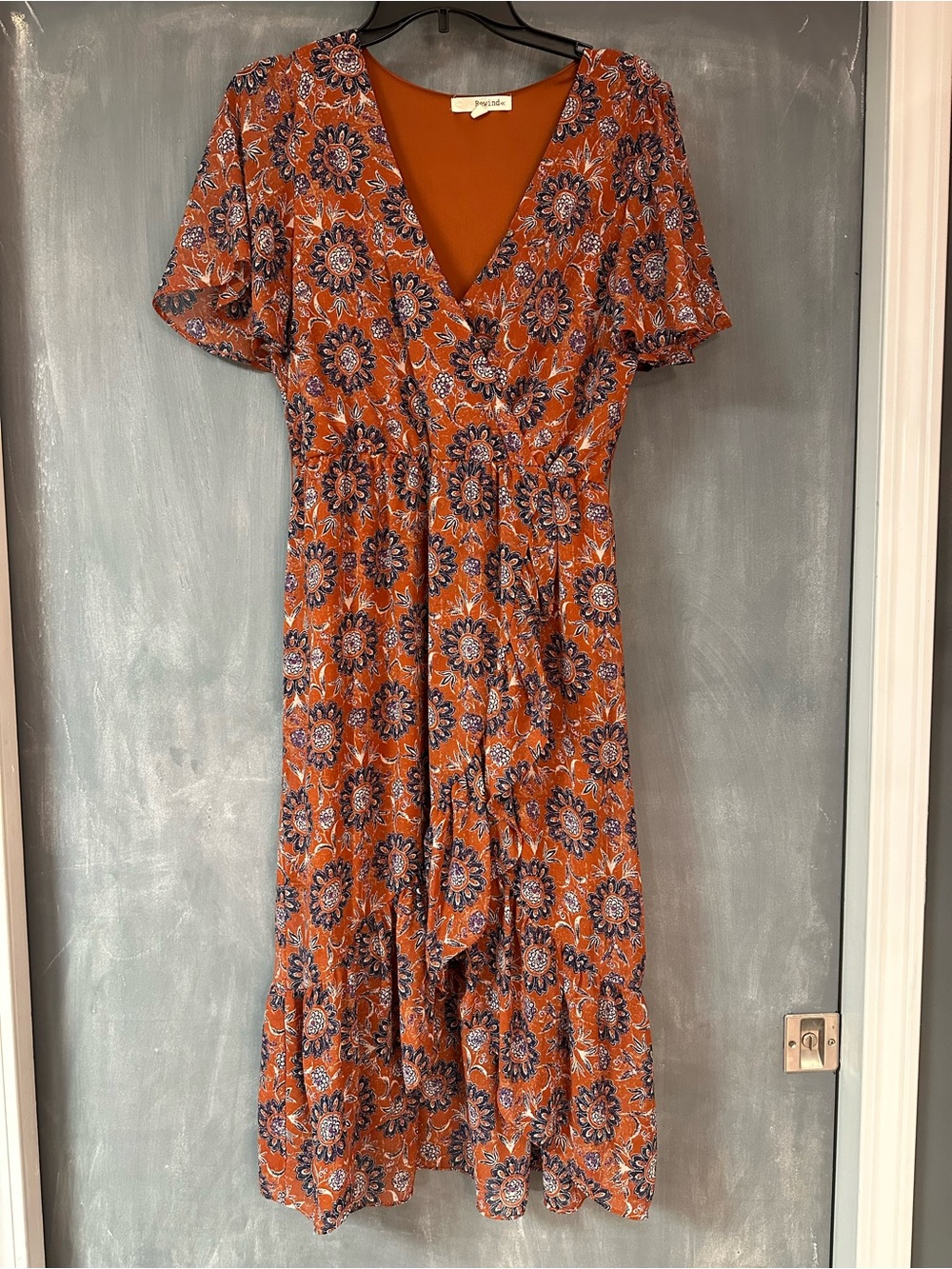 Rewind Rust Floral Wrap High-Low Midi Dress